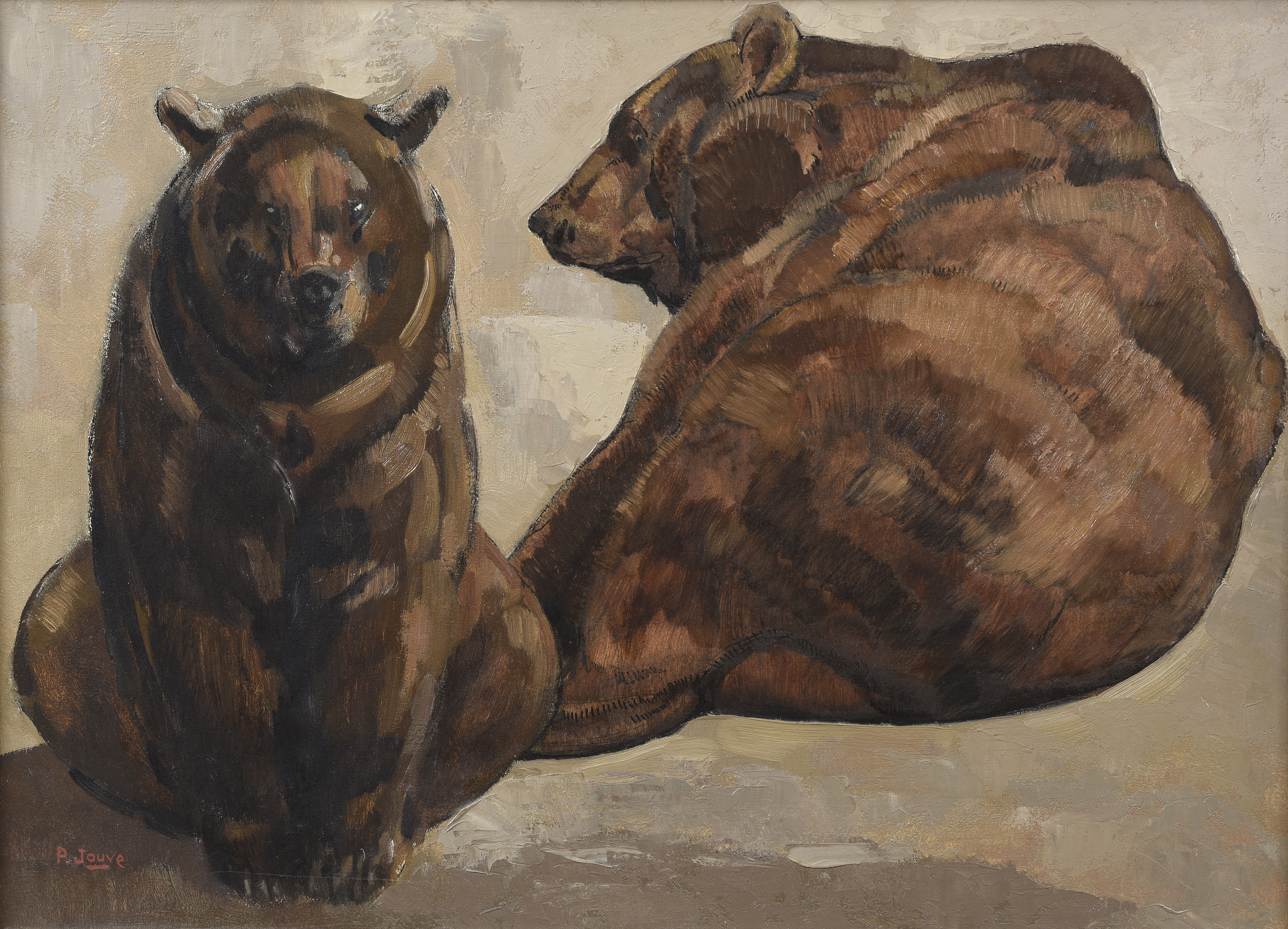 Deux ours bruns couchés, vers 1950.